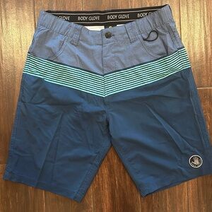 Body Glove men’s sz 32 pull on swim trunks blue striped vapor shorts